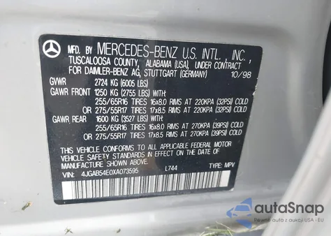 1999 Mercedes-Benz Ml 320 z USA, uszkodzony, nr VIN 4JGAB54E0XA073595